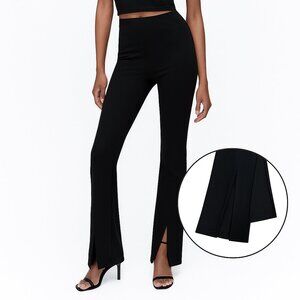 Zara Split Hem Flare Leggings Black High Rise Pintuck Size S